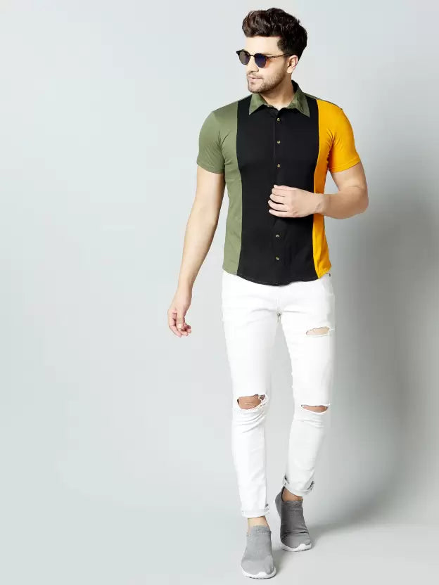 Men Regular Fit Color Block Button Down Collar Casual Shirt